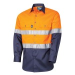 MENS SHIRT 160GSM LIGHTWEIGHT COTTON DRILL L/S 3M REFLECTIVE TAPE H/VENT ORANGE / NAVY DS2166T1