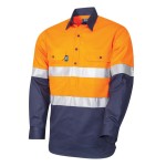MENS SHIRT 190GSM REGULAR WEIGHT L/S COTTON DRILL 3M TAPE CLOSED FRONT ORANGE / NAVY DS2114T1